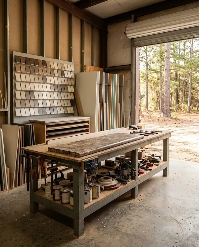 Small countertop workshop with a workbench and a wall of laminate color chips