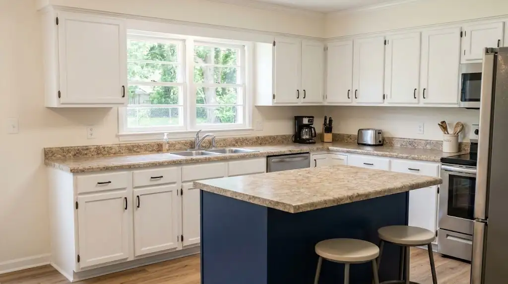 Illustration of a Waycross, GA kitchen with new speckled laminate countertops and a navy island