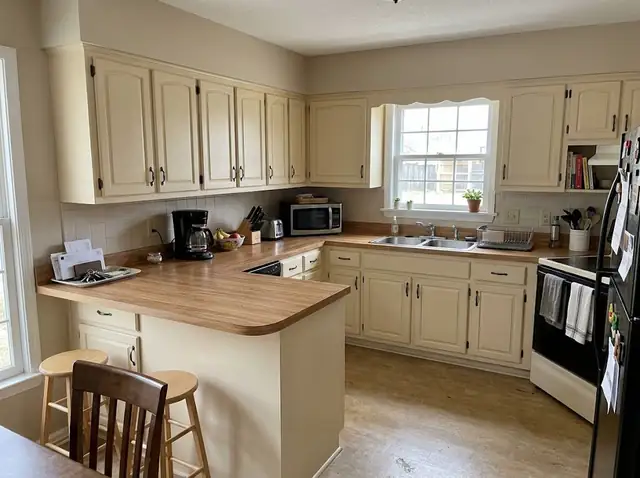 L-shaped kitchen with a laminate countertop cut to fit an angled corner and peninsula