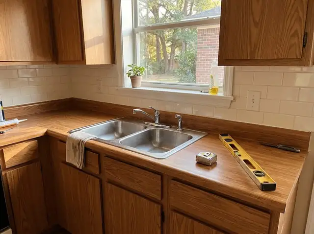 New laminate countertop with a drop-in sink, a tape measure and a level resting on it