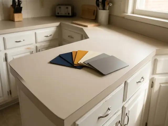 Laminate countertop with a fan of color sample chips spread across it